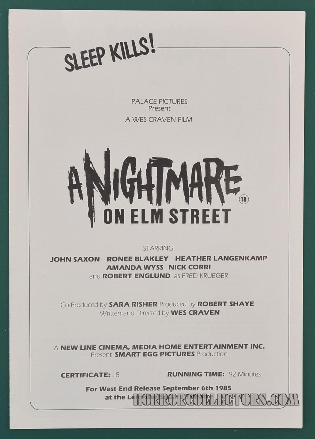 A Nightmare on Elm Street UK Palace Pictures press sheet synopsis